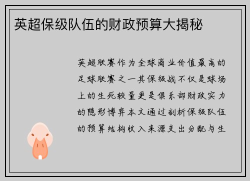英超保级队伍的财政预算大揭秘